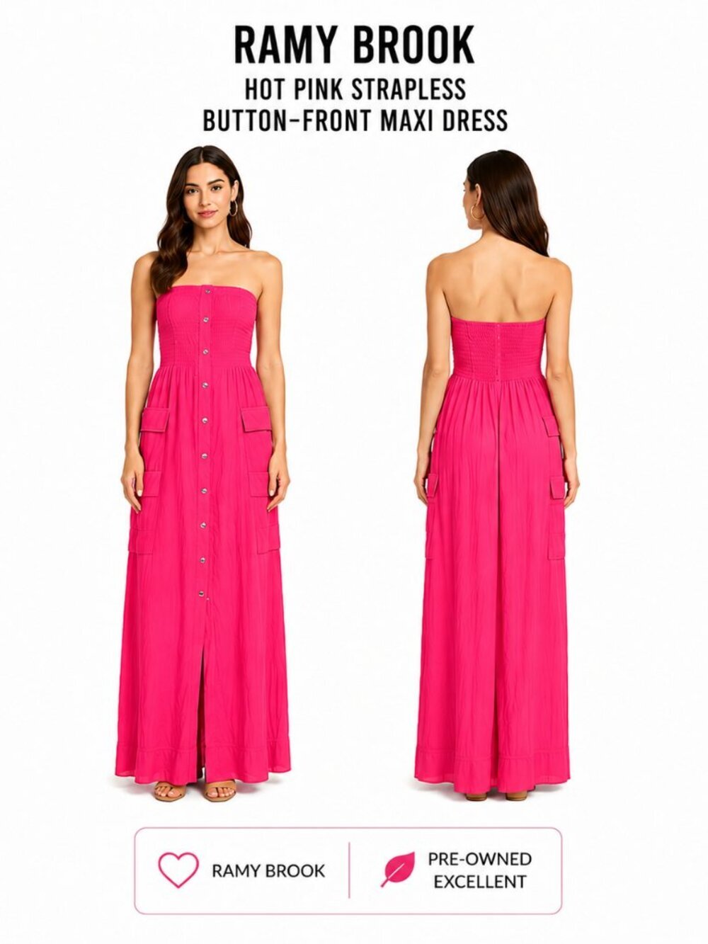 RAMY BROOK HOT PINK STRAPLESS BUTTON-FRONT MAXI DRESS SIZE XS